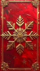 A luxurious red and gold ornate snowflake design on a metallic surface
