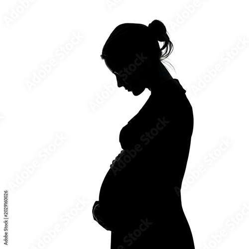 Pregnant woman silhouette standing in profile against white background