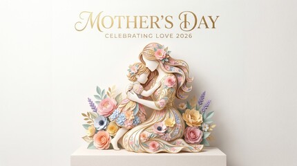 Mother's Day conceptual 3D render of a mother and child with flowers