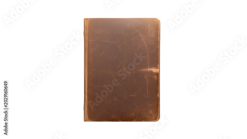 Vintage Brown Leather Bound Book with Worn Cover on White Background.