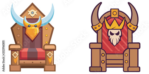 Foto Cartoon thrones for king or chieftain with horn motifs.