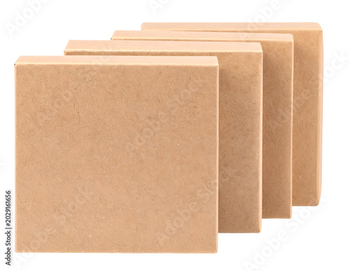 Four Brown Kraft Paper Cardboard Boxes Arranged in a Row, Isolated on Transparent Background