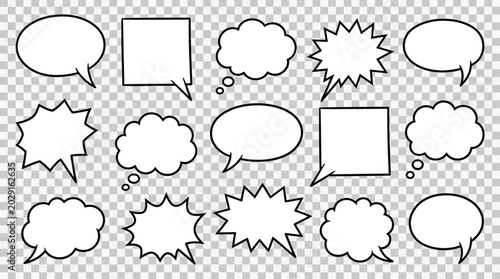 Cartoon speech bubbles and thought clouds in various shapes and sizes for comic book illustrations isolated on transparent background