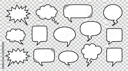 Collection of various cartoon speech bubbles and thought clouds in different shapes and sizes isolated on transparent background