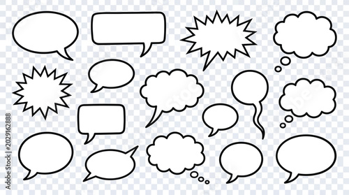 Set of comic book style speech bubbles and thought clouds for dialogue and conversation  various shapes and sizes for creative expression