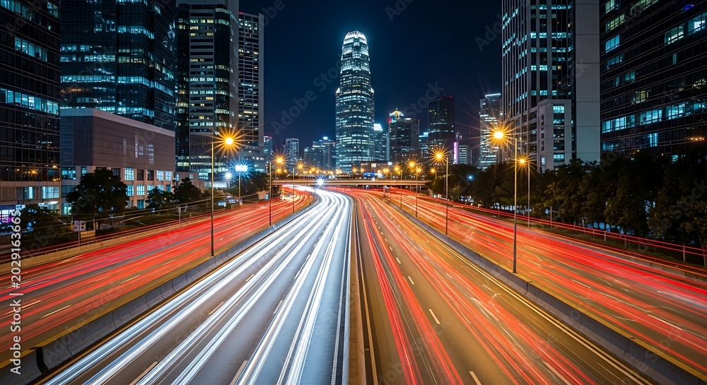 Fototapeta premium Nighttime city traffic light trails on a busy highway in Hong Kong.