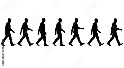 Foto Silhouettes of men walking in a line, isolated on white background
