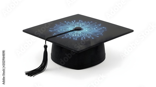 A graduation cap with a blue design sits on a surface indoors.