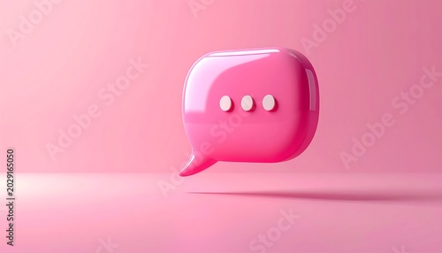 A vibrant, glossy pink speech bubble with three dots, casting a shadow on a similar pink surface