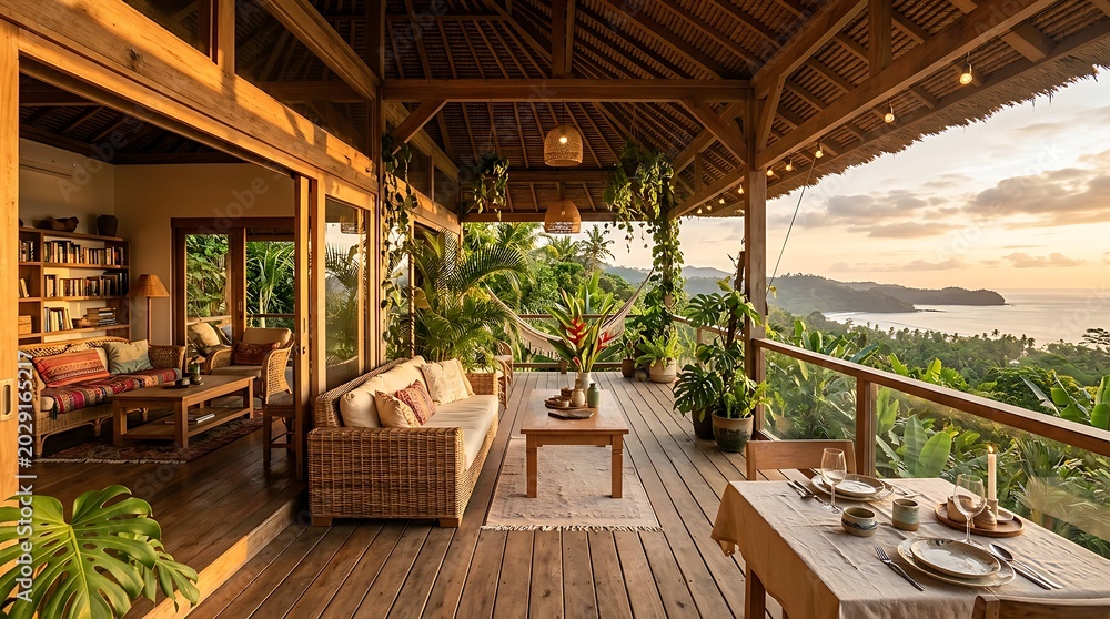 Obraz premium Tropical retreat Open-air terrace with ocean views and lush greenery, perfect for relaxation and dining