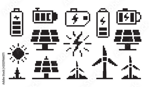 Foto Pixel art solar energy icons set including wind turbines batteries and sun power elements