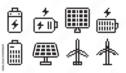 Bild auf Leinwand Pixel art solar panel and wind turbine icons representing renewable energy sources
