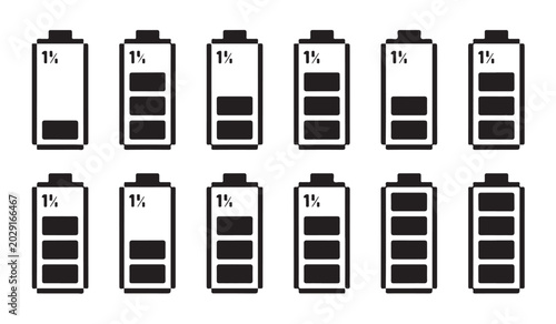 Tableau sur toile Battery level indicators with one percent charge status in pixel art style for digital screens