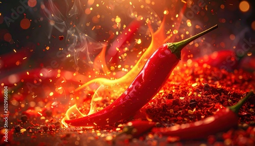 A vibrant red chili pepper surrounded by flames and smoke, capturing the essence of spicy cuisine and intense heat.