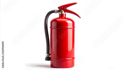 A vibrant, glossy, red fire extinguisher stands against a crisp white backdrop