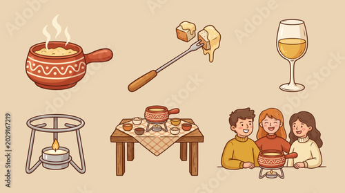 A family enjoys a warm fondue dinner together at a cozy table with wine and traditional cooking equipment.