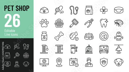 Pet Shop & Veterinary Icon Set - Animal Care, Pet Supplies, Grooming, Vet Clinic Line Icons Pack