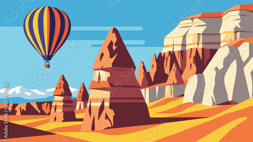 Tablou pe pânză Captivating hot air balloon adventure over an expansive desert with towering roc