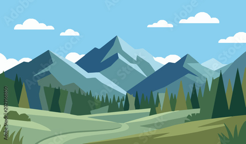 Billede på lærred Minimal mountain meadow and forest landscape vector background