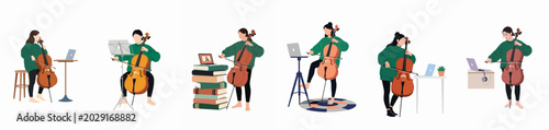 Photos Set of illustrations featuring a young woman cellist practicing and taking online music lessons using a laptop and various household items