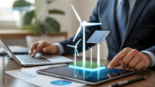Professional Businessman Analyzing Renewable Energy Data with Holographic Wind Turbines and Solar Panels on Tablet for Sustainable Development Strategy and Green Technology Investment Concept