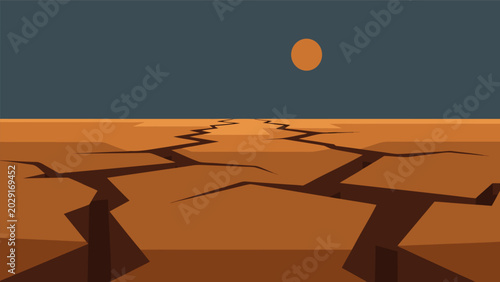 Canvastavla Barren desert landscape under a dusky sky with a full moon or sun shining bright