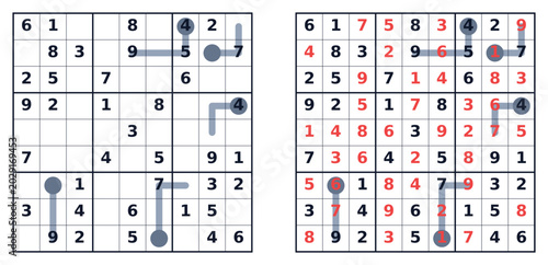 Bild auf Leinwand Sudoku puzzle with markings and solved numbers on grid layout