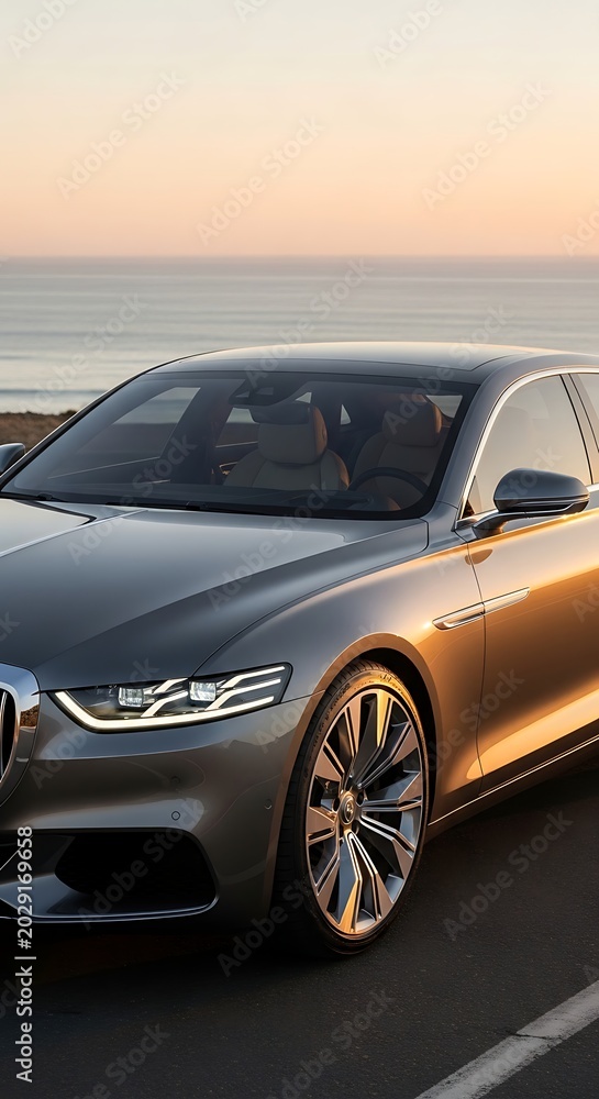 Obraz premium Modern luxury sedan car parked on the coastal road at sunset.