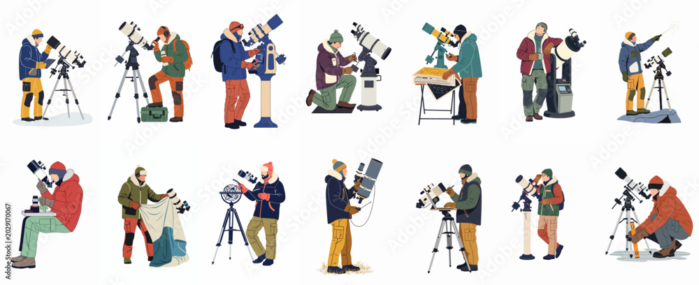 Fototapeta premium Collection of flat illustrations showing various people in winter clothing observing the night sky using professional telescopes and astronomical equipment.