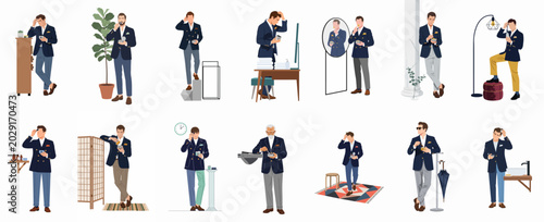 Fotografie Flat vector illustrations of stylish men in various poses performing grooming routines, applying skincare products, and adjusting hair for a professional appearance