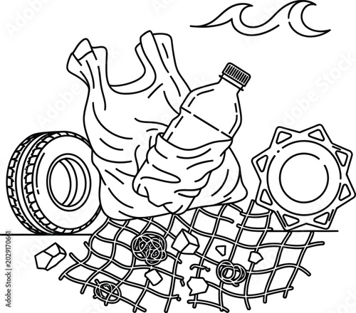 Fotografija Ocean pollution illustration with discarded tire plastic bottle fishing net poll