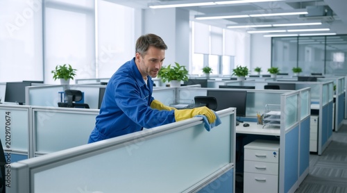 Male janitor cleaning cubicle partitions in large office. Professional worker in blue uniform sanitizing workstations. Corporate facility maintenance service