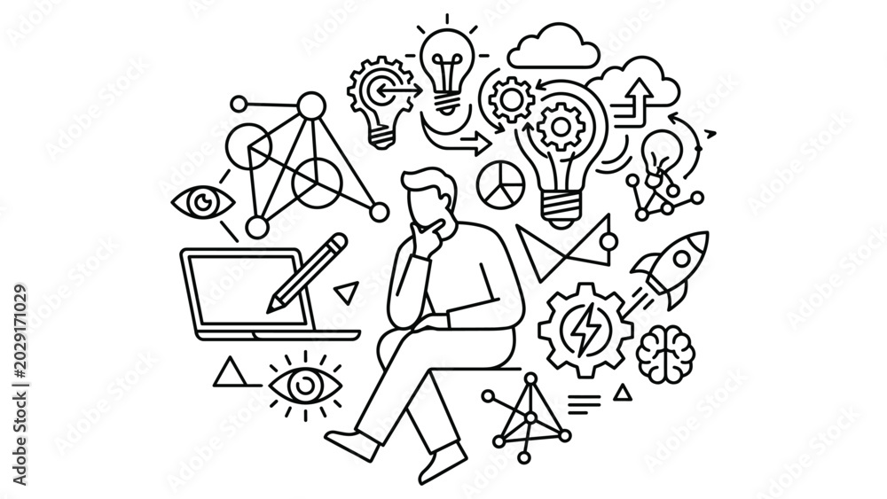 Fototapeta premium Creative thinking concept with human character pondering ideas and modern tech symbols.