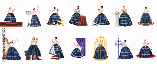 Quadro su tela Collection of dramatic female opera singer illustrations in various theatrical poses and historical costumes against a white background