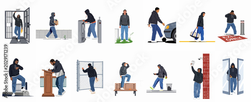 Schilderij op canvas Illustrations of a young man navigating life after prison, showing scenes of reentry, surveillance, searching for work, and everyday urban challenges