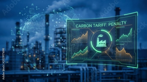 Industrial Emissions Cost Photo Illustration for Carbon Tariff Penalty and Compliance Risk with Factory Dashboard Overlay