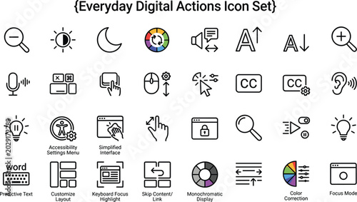 Everyday digital accessibility actions line icon set for interface customization assistive features and inclusive application design