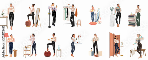 Photos Vector illustrations of a stylish woman performing her daily skincare and beauty routine in various home settings, featuring serums, mirrors, and fashionable outfits