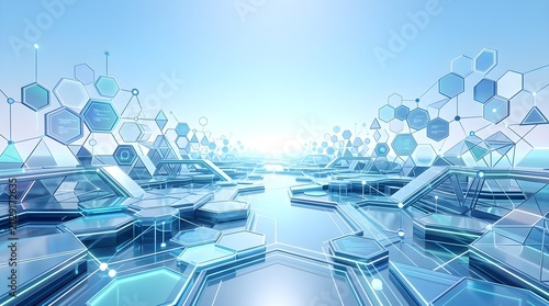 Futuristic digital landscape with abstract geometric shapes and neon lights