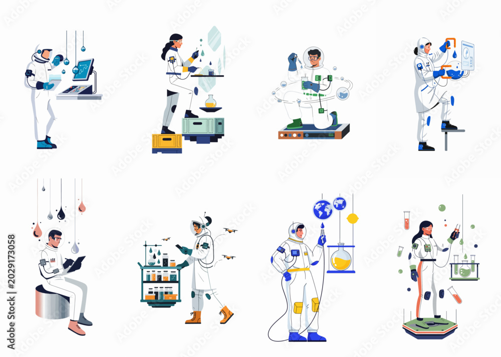 Fototapeta premium Collection of scientists in futuristic suits performing various laboratory experiments and chemical research in a modern flat illustration style.