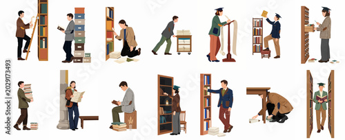 Tableau sur toile Flat illustration collection of academic people researching in a library, reading books, and organizing archival records in various poses