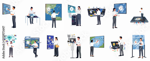 Photos Illustrations of meteorologists and climate scientists monitoring and analyzing hurricanes and tropical storms using high-tech digital displays, interactive maps, and weather data