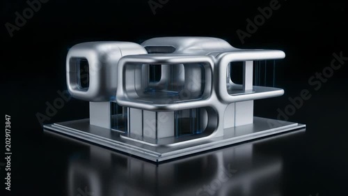 A glowing blue wireframe blueprint transforms into a futuristic house model. Modern architecture design evolves from digital concept to metallic rendering.