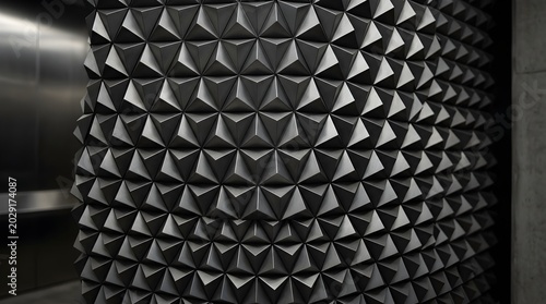 Dark gray metallic wall with pyramid-shaped panels indoors