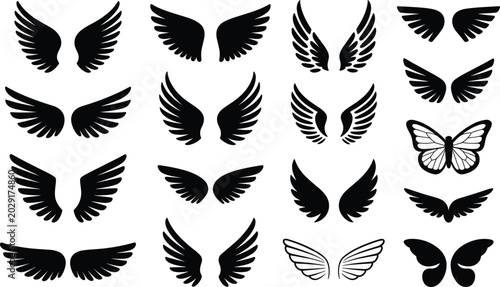 Foto Creative collection of diverse wing silhouette designs featuring angelic, bir