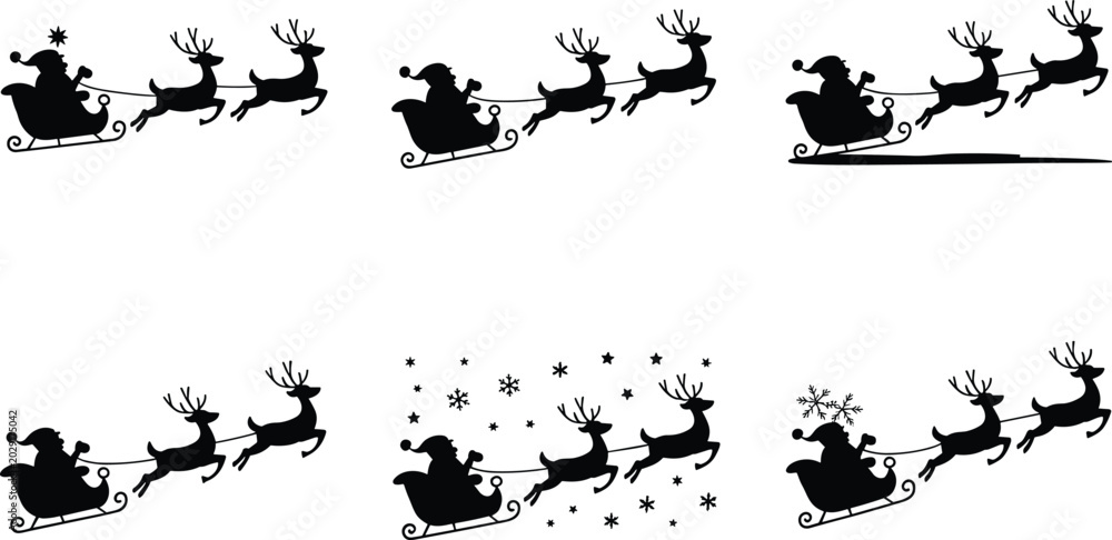 Obraz premium Creative collection of Santa Claus sleigh silhouette designs with reindeer showcasing festive Christmas motifs for holiday and seasonal illustration projects