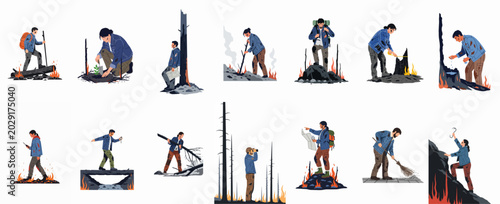 Bild auf Leinwand Set of characters in survival and forest restoration scenarios after a wildfire, including planting trees, scouting, and navigating burnt terrain