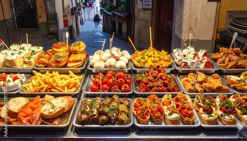 A vibrant food display on a street showcasing various appetizing dishes