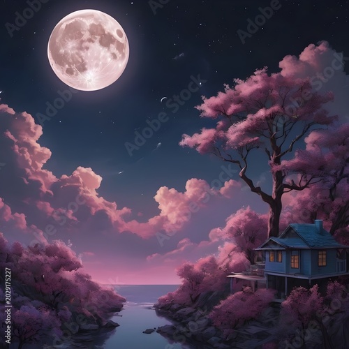 Surreal Moonlit Lake with Mountains and Celestial Glow