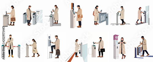 Illustrations of people in stylish coats using modern automated turnstiles and scanning devices for public transportation and office access control systems.